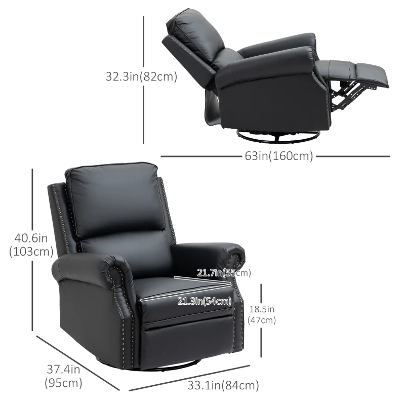 HOMCOM Manual Recliner Chair 360° Swivel Rocking Chair Sofa with PU Leather Padded Cushion and Backrest for Living Room Black