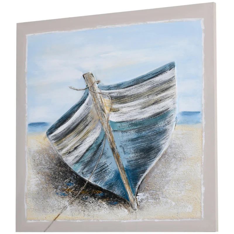 HOMCOM Boat Wall Art Hand-Painted Canvas Painting Beach Artwork Modern Framed Prints for Living Room Bedroom Decor Blue, 35.5" x 35.5"