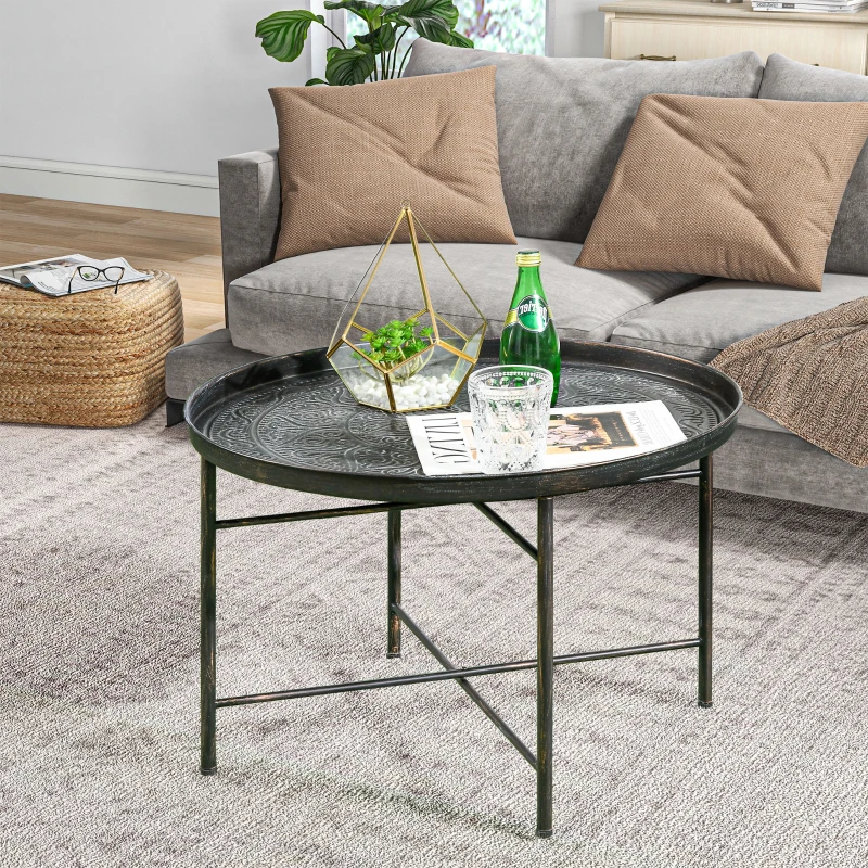 HOMCOM Coffee Table for Living Room, 24" Round Center Table with Hammered Tray Top and Metal Frame for Bedroom, Pewter