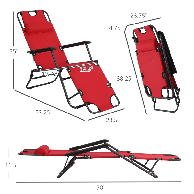Outsunny Folding Chaise Lounge Chair, Outdoor Portable 2-Level Adjustable Recliner Zero Gravity Chair with Headrest Pillow, Armrests with Storage Mesh Pocket, Red