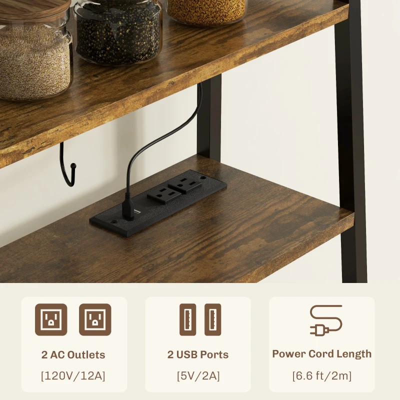 HOMCOM Industrial Kitchen Shelves with Charging Station and LED Lights, Kitchen Storage Rack with Barn Door, Rustic Brown