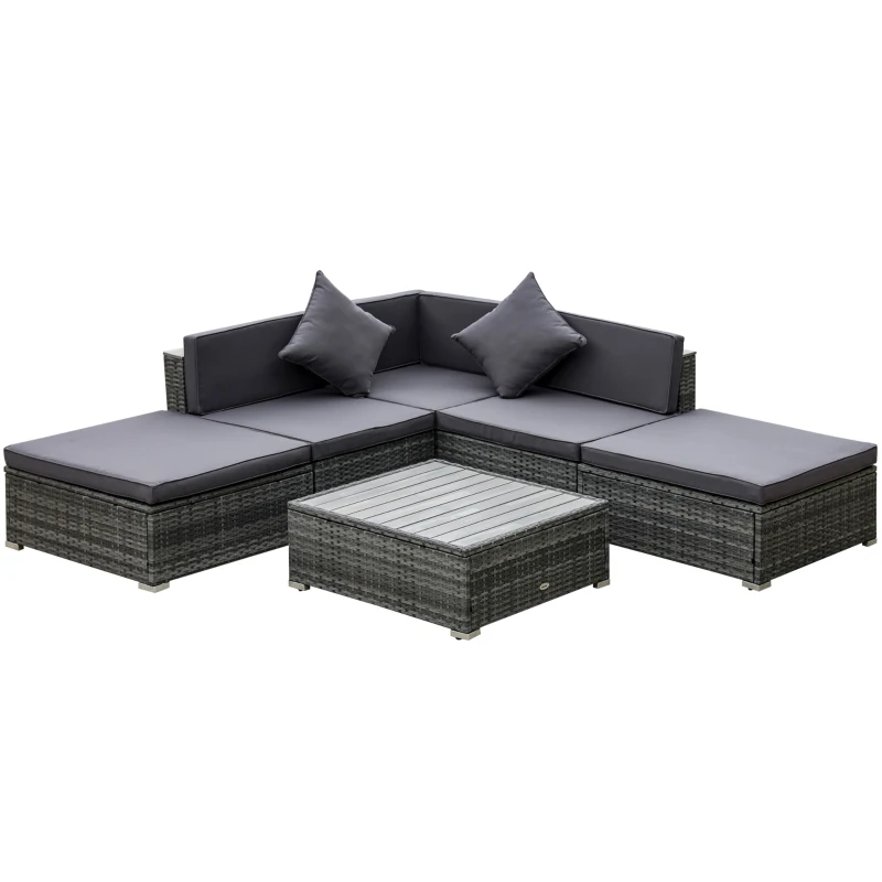 Outsunny 6 Piece Patio Furniture Set, All Weather Outdoor Rattan Sectional Sofa Couch with Chaise Lounge Sides, Coffee Table & Chairs, Conversation Set with Pillows & Cushions, Gray