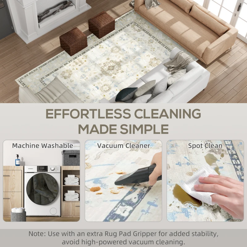 HOMCOM 5x7 Area Rug, Indoor Boho Machine Washable Carpet for Living Room, Bedroom, Dining Room, Kitchen, Blue