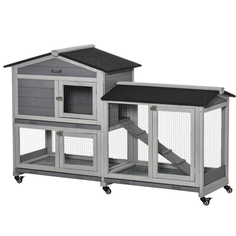PawHut 62" Wooden Rabbit Hutch with Wheels, Run Box, Tray, Ramp for Small Animals, Guinea Pig, Indoor Outdoor Use, Light Grey