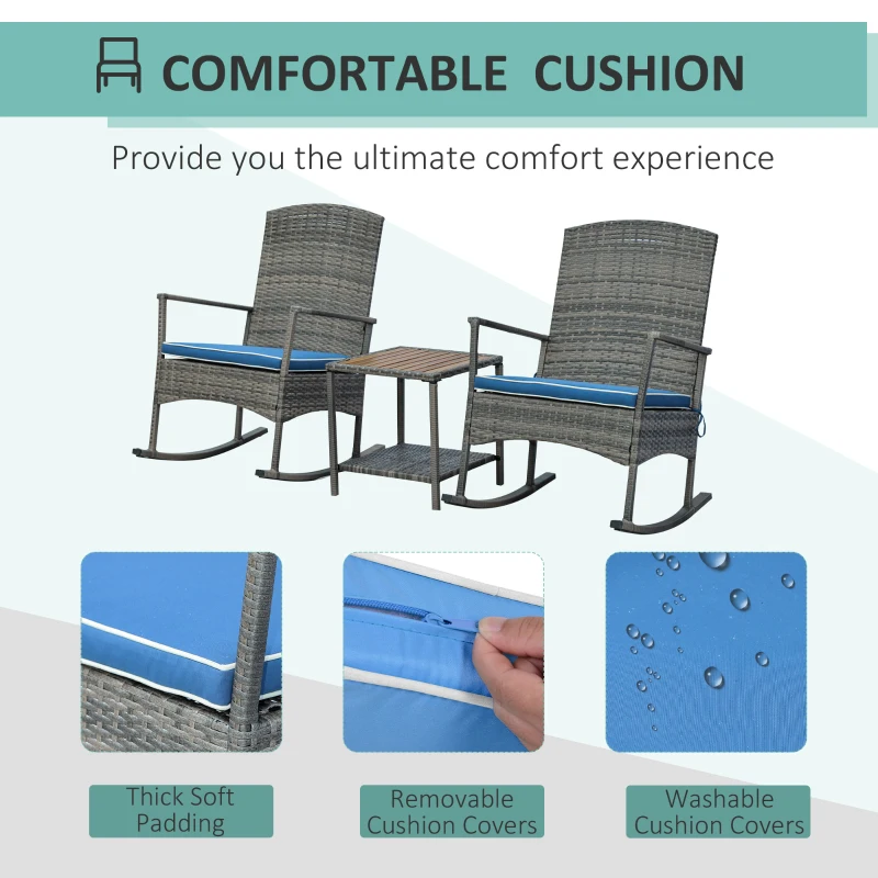 Outsunny 3 Piece Patio Rocking Chair Set, 2 PE Wicker Rocking Chairs, Cushioned, 1 Two-Tier Wood Slat Coffee Table, Rattan Front Porch Furniture, Blue