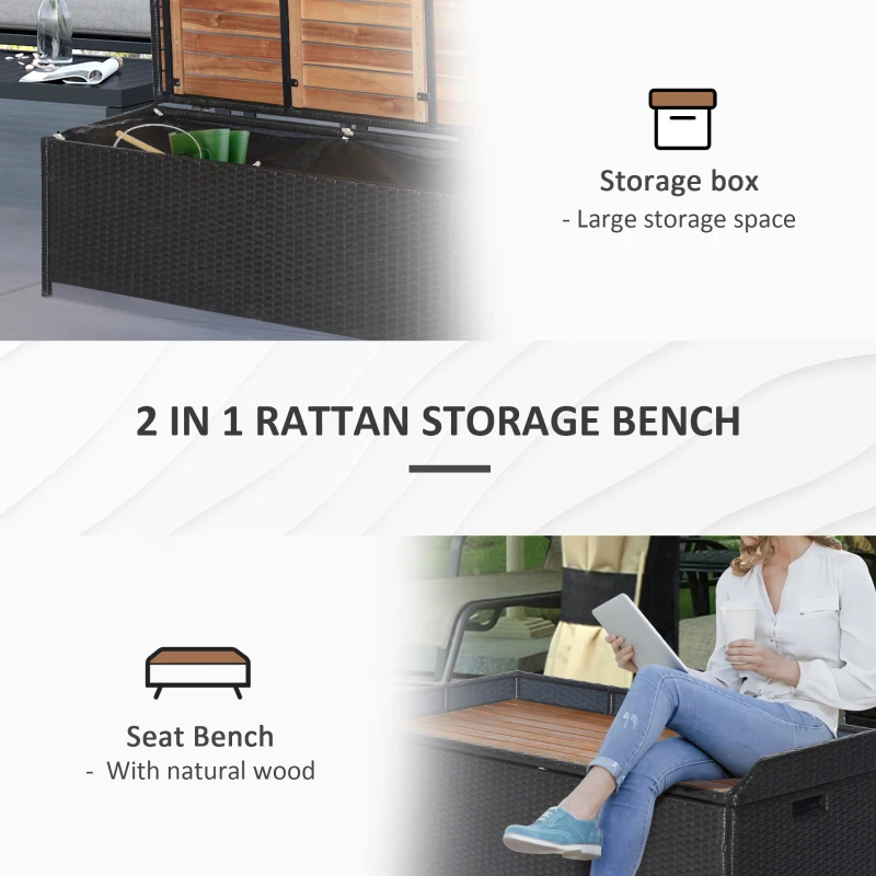 Outsunny Patio Wicker Storage Bench, Outdoor PE Rattan Patio Furniture, Air Strut Assisted Easy Open, 2-in-1 Large Capacity Rectangle Basket Box with Handles & Wooden Seat, Black