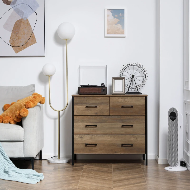 HOMCOM Dresser for Bedroom with 4 Drawers, Chest of Drawers with Metal Frame and Handles for Living Room, Hallway, Brown