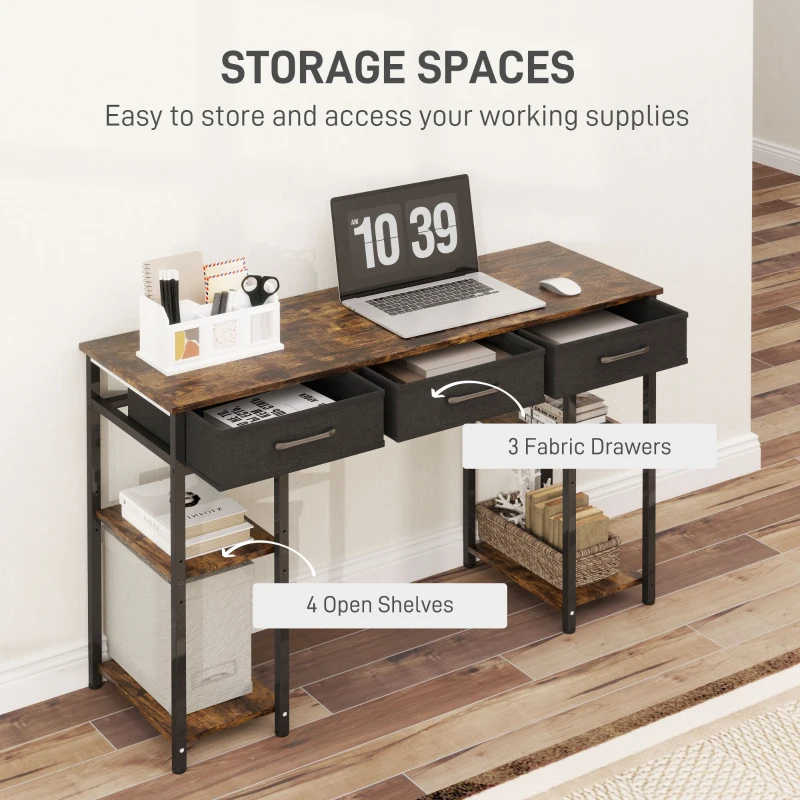 HOMCOM 47" Small Computer Desk, Writing Desk with Fabric Drawers, Home Office Desk with Adjustable Shelves, Rustic Brown