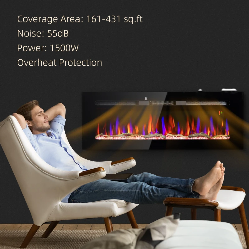 HOMCOM 50" Recessed or Wall Mounted Electric Fireplace Heater with Remote Control, Adjustable Flame Color and Brightness
