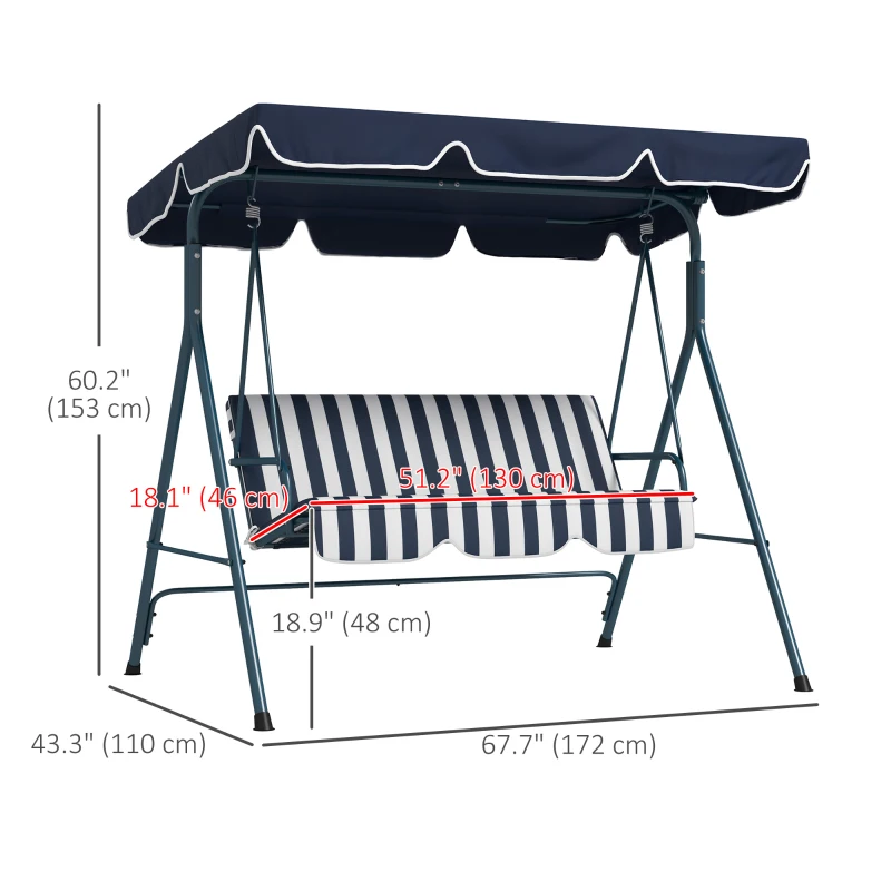 Outsunny 3-Seater Outdoor Porch Swing with Adjustable Canopy, Patio Swing Chair for Garden, Poolside, Backyard, Blue and White