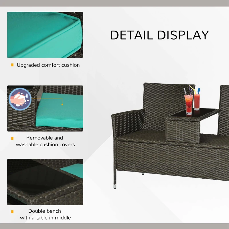 Outsunny Outdoor Patio Loveseat Conversation Furniture Set, Cushions & Built-in Coffee Table, Small 2-in-1 2 Person Seating for Front Porch, Balcony, Blue