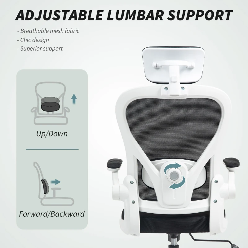 HOMCOM Mesh Office Chair, Ergonomic Desk Chair with Flip-up Armrest, Rotatable Headrest, Adjustable Lumbar Support, Black