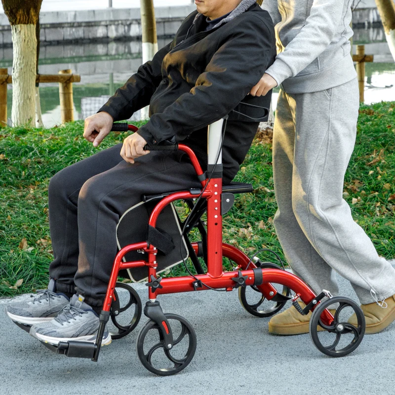HOMCOM Rollator Walker with Seat, Folding Rolling Walker with 8" Wheels, Walker for Seniors with Adjustable Height, Red