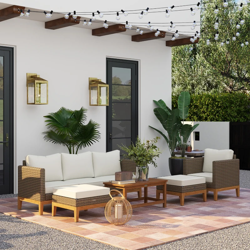 Outsunny Patio Furniture Set w/ Cushions, 5 PCs PE Rattan Conversation Furniture Set, Cream White