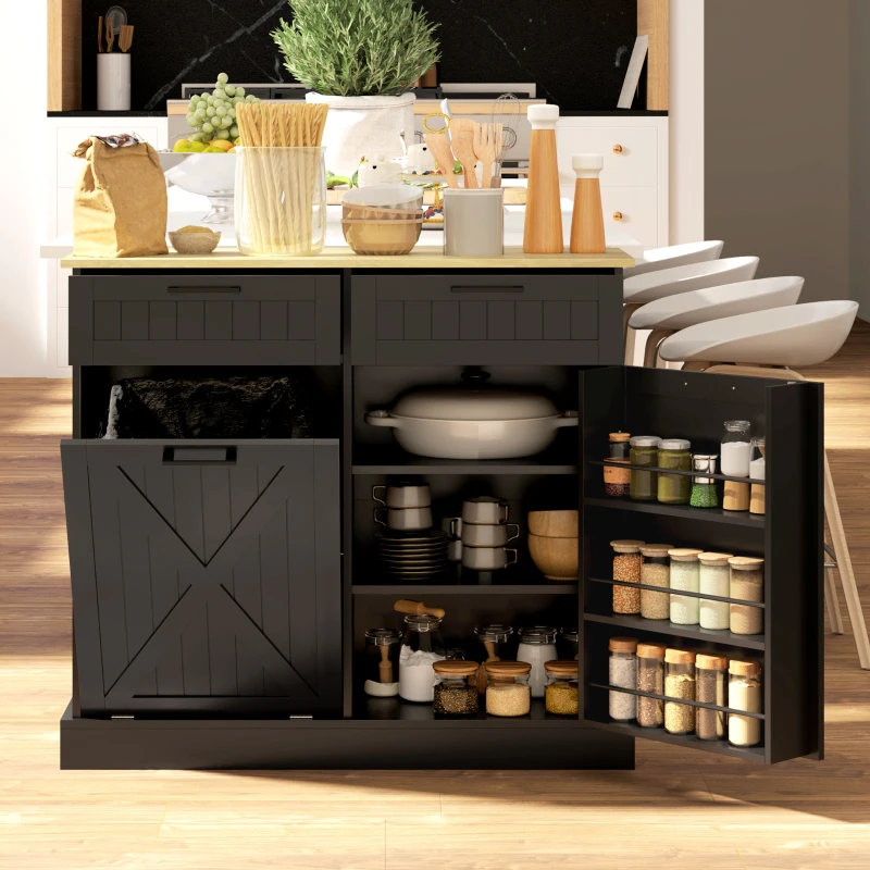 HOMCOM 10 Gallon Farmhouse Kitchen Cabinet with Hidden Trash Can and 2 Drawers, Tilt Out Trash Can Cabinet for Kitchen, Black
