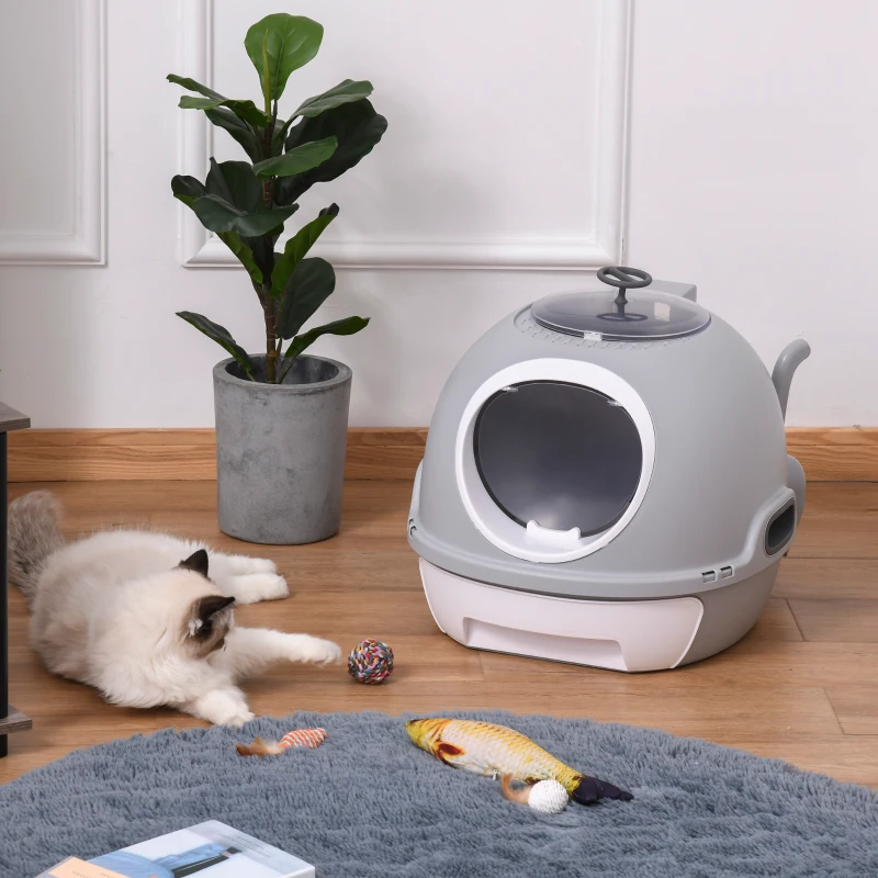 PawHut Cat Litter Box Toilet with Lid, Covered Litter Box with Scoop, Enclosed Drawer, and Skylight, Gray