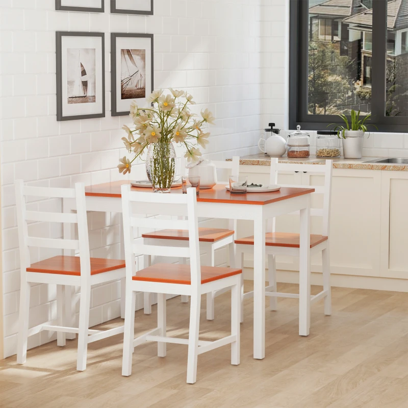 HOMCOM Dining Table Set for 4, 5 Piece Pine Wood Kitchen Table with High Back Chairs, Rectangular Table and 4 Armless Chair, White and Natural Wood