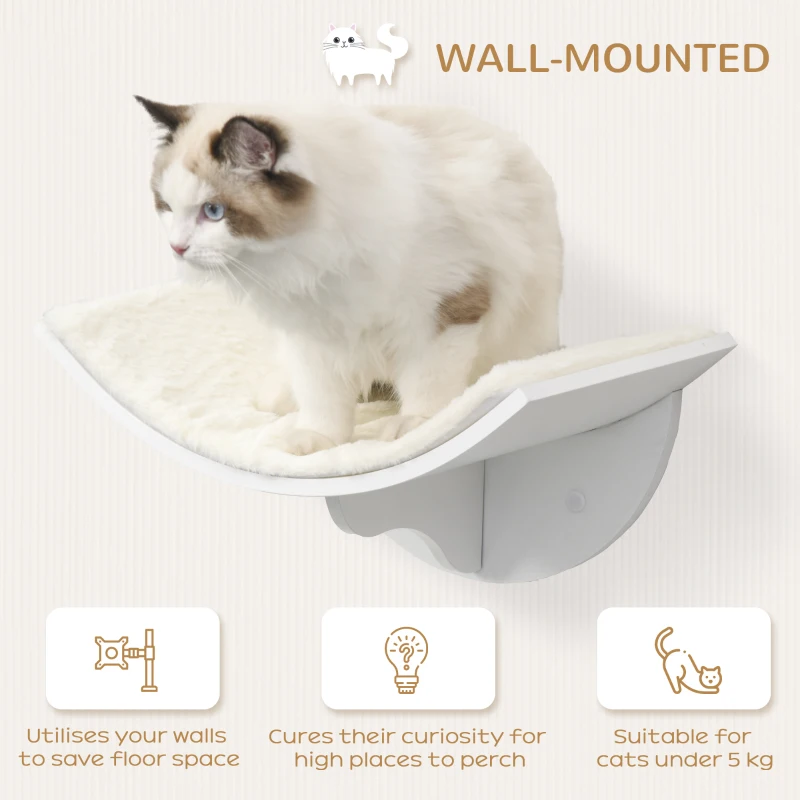PawHut Wood Wall-Mounted Cat Shelves, Curved Kitten Bed Cat Perch Climber with Fleece Top, 16.25" x 11" x 8.25", White