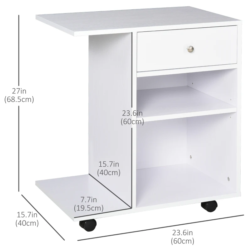 Vinsetto Printer Stand Desk Side File Cabinet, Rolling Cart with Wheels, Adjustable Shelf, Drawer, CPU Stand, White