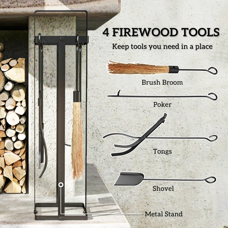 Outsunny 5 Piece Metal Fireplace Tools Set with Brush Broom, Poker, Shovel, Tongs, and Stand for Indoor or Outdoor, Black