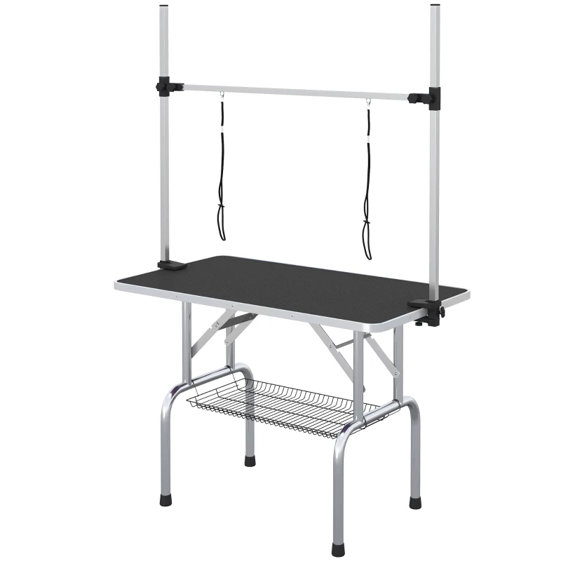 PawHut Adjustable Dog Grooming Table with 2 Safety Slings, Storage Basket, Black