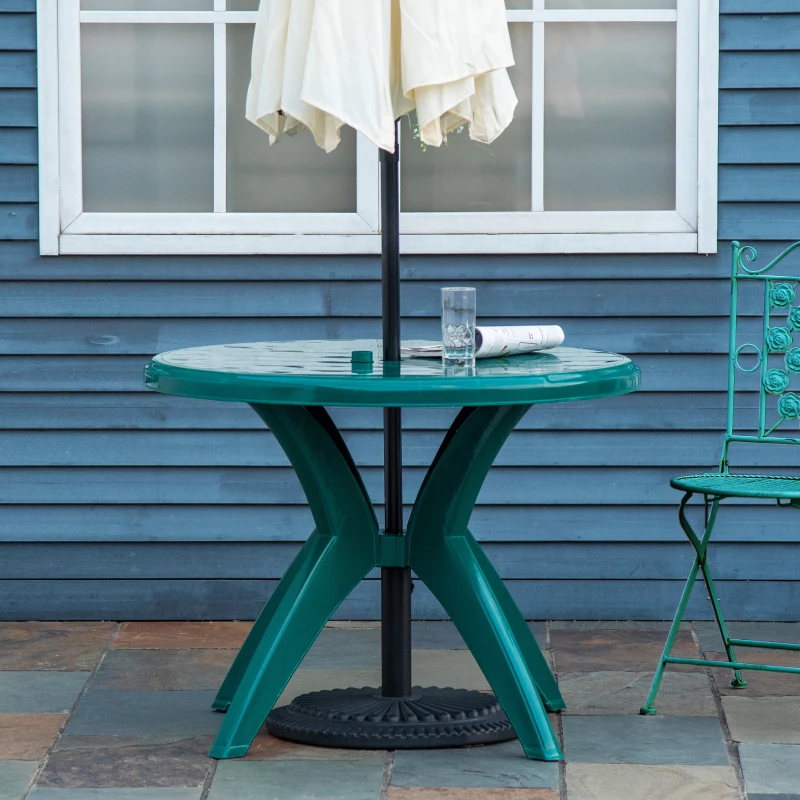 Outsunny 36.25" Dia Round Plastic Patio Table with Umbrella Hole, Outdoor Bistro Dining Table, for Bar, Garden, Backyard, Poolside, Yard, Green
