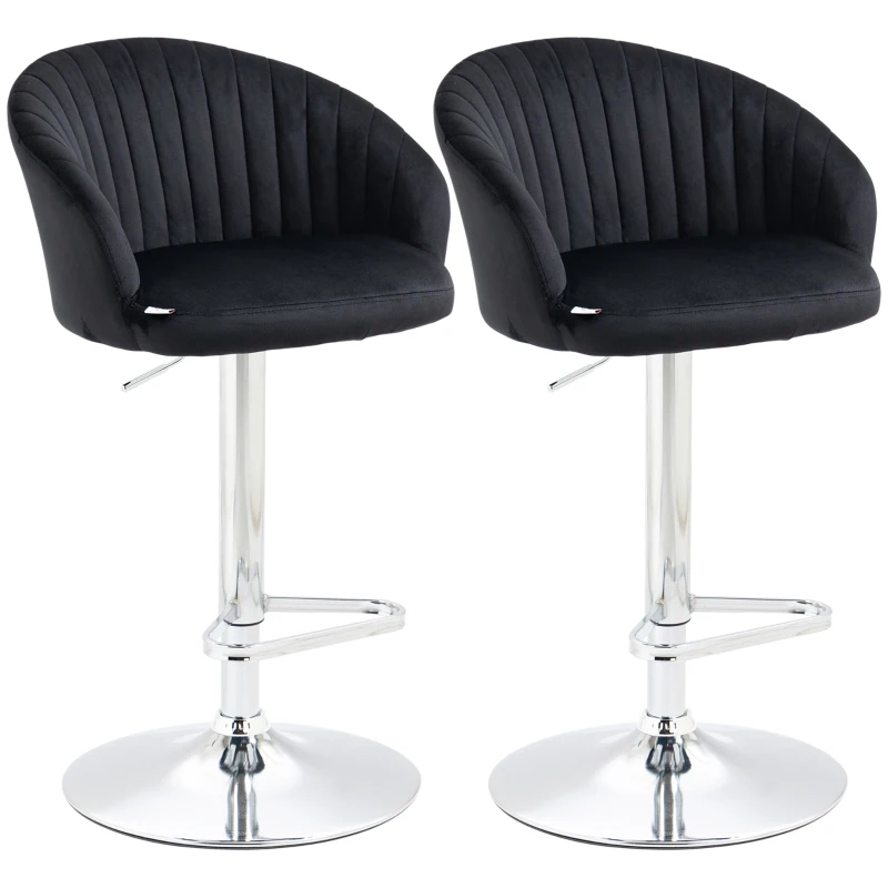 HOMCOM Modern Upholstered Adjustable Barstools with Swivel Seat, Velvet Touch Fabric, Steel Frame, Footrest, ‎Black