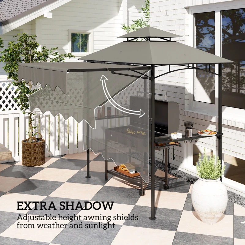 Outsunny 8' x 5' Grill Gazebo, Double Tiered Barbecue Grill Gazebo Shelter with Side Awning, 2 Side Shelves, 6 Hooks, Light Grey