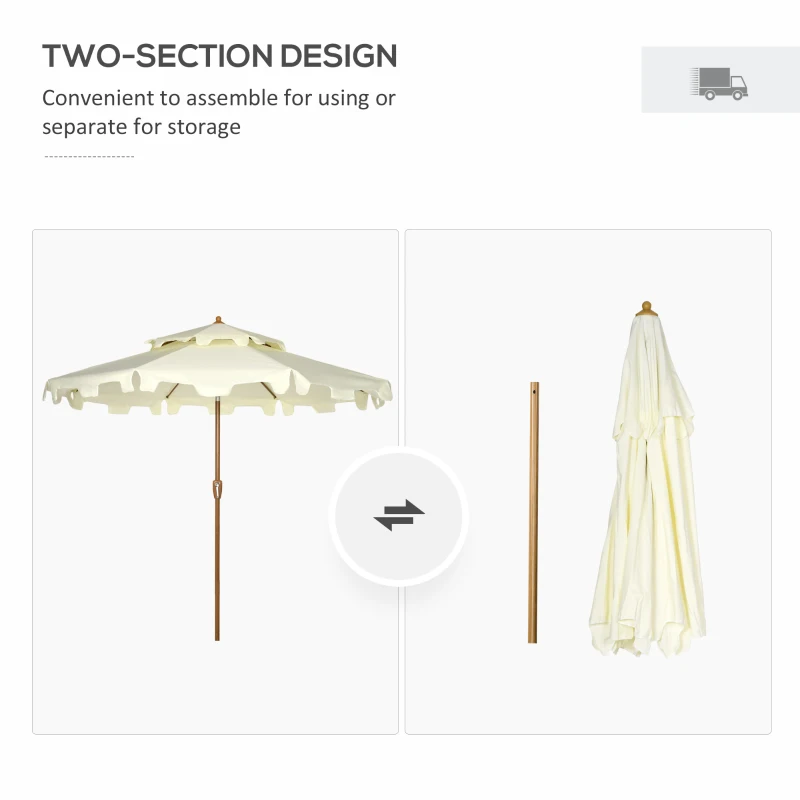 Outsunny 9' Patio Umbrella with Push Button Tilt and Crank, Double Top Ruffled Outdoor Market Table Umbrella with 8 Ribs, for Garden, Deck, Pool, Cream White