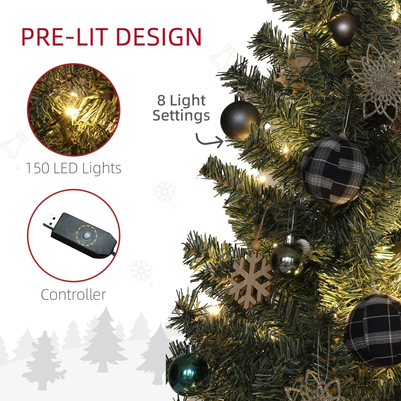 HOMCOM 6ft Artificial Prelit Christmas Tree with 150 Warm White LED Lights, Xmas Tree for Home Office Holiday