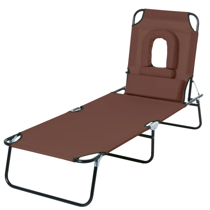 Outsunny Adjustable Outdoor Lounge Chair, Garden Folding Chaise Lounge with Face Hole Reclining Tanning Chair Seat, Folding Camping Beach Lounging Bed w/ Support Pillow, Brown