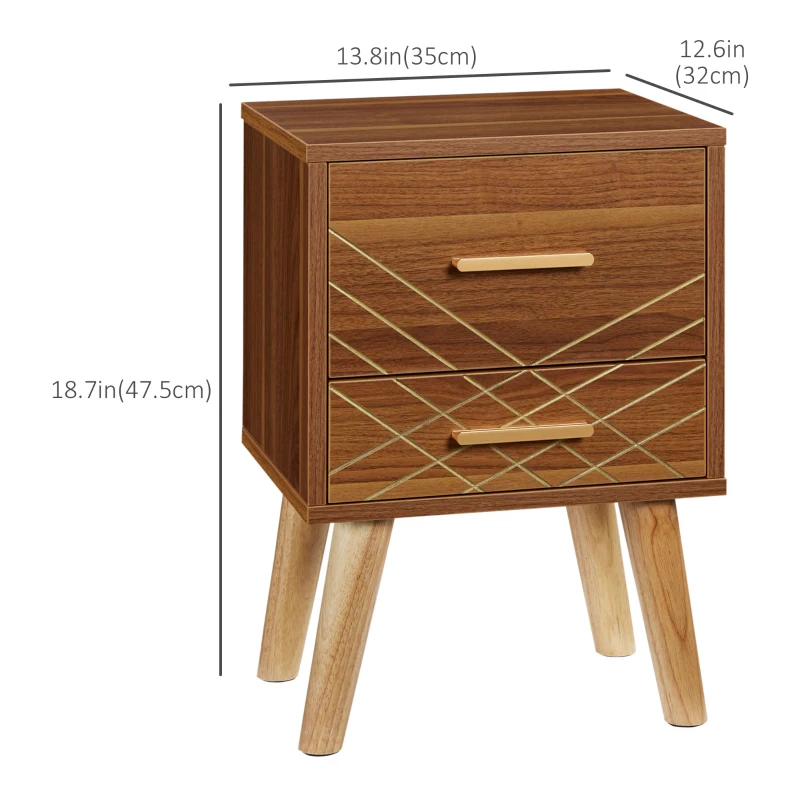 HOMCOM Scandinavian Bedside Table, Side End Table with 2 Drawers and Wood Legs, 13.8" x 12.6" x 20.3", Brown