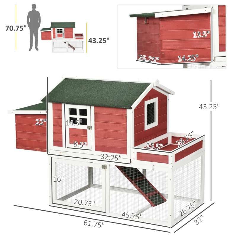 PawHut Wooden Chicken Coop Hen House Poultry Cage for Outdoor Backyard with Raised Garden Bed, Run Area, Nesting Box and Removable Tray,