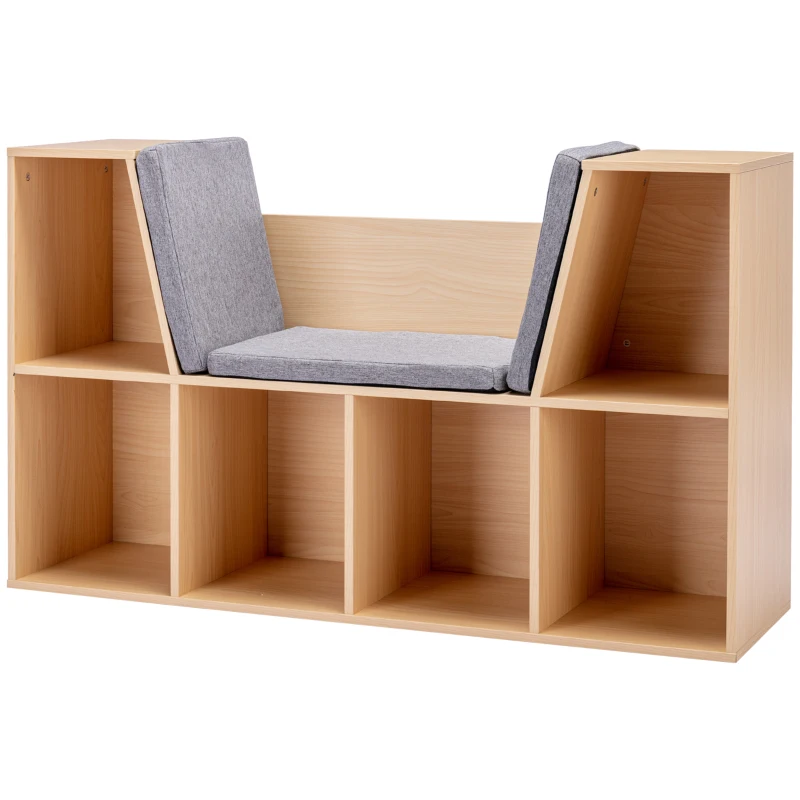 HOMCOM 6-Cubby Kids Bookcase with Reading Nook and Cushion, Multi-Purpose Storage Organizer for Bedroom, Living Room, Natural