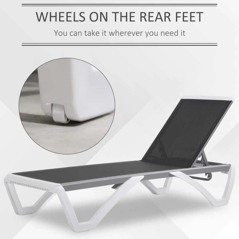 Outsunny Outdoor Chaise Lounge Chair, Patio Aluminum Tanning Chair with 5-Level Adjustable Back, Portable Wheels, Breathable Mesh Fabric, for Pool, Deck,  Garden, Black