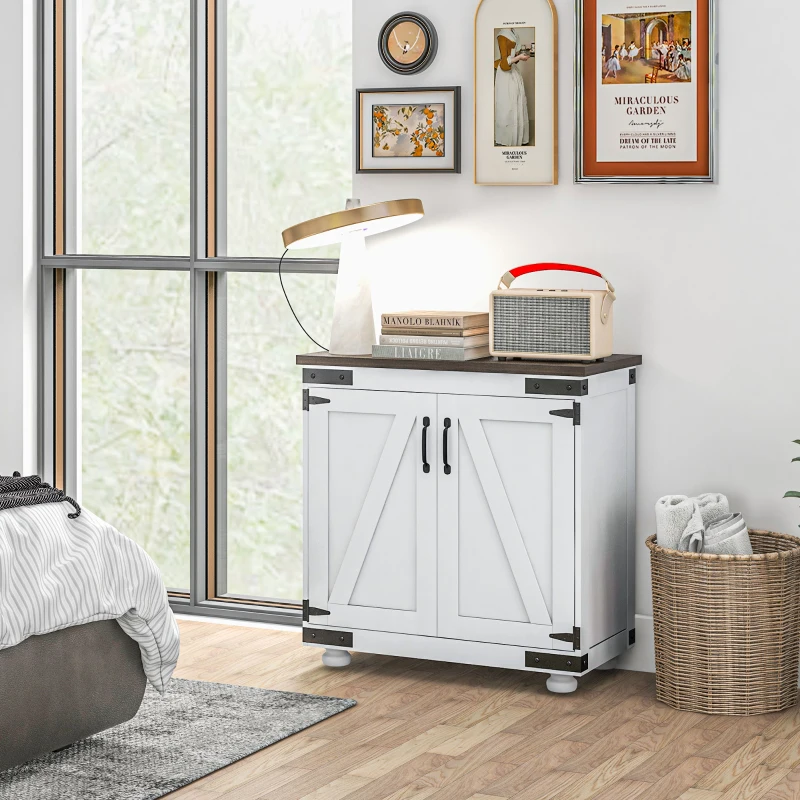 HOMCOM Kitchen Sideboard, Buffet Cabinet with Barn Door and Adjustable Shelf, Distressed White and Brown