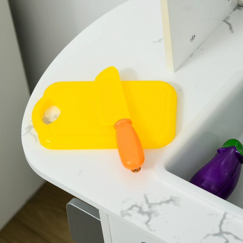 Qaba Play Kitchen Set for Kids W/ Lights Sounds, Apron and Chef Hat, White