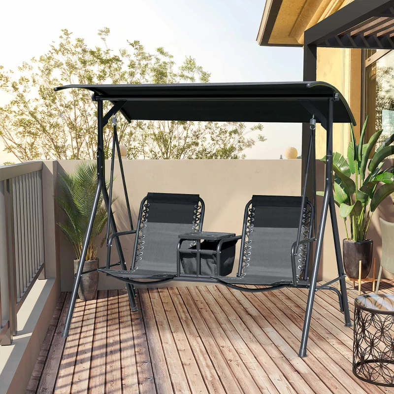 Outsunny 2 Person Covered Porch Swing Patio Swing with Pivot Storage Table, Cup Holder, & Adjustable Overhead Canopy, Black