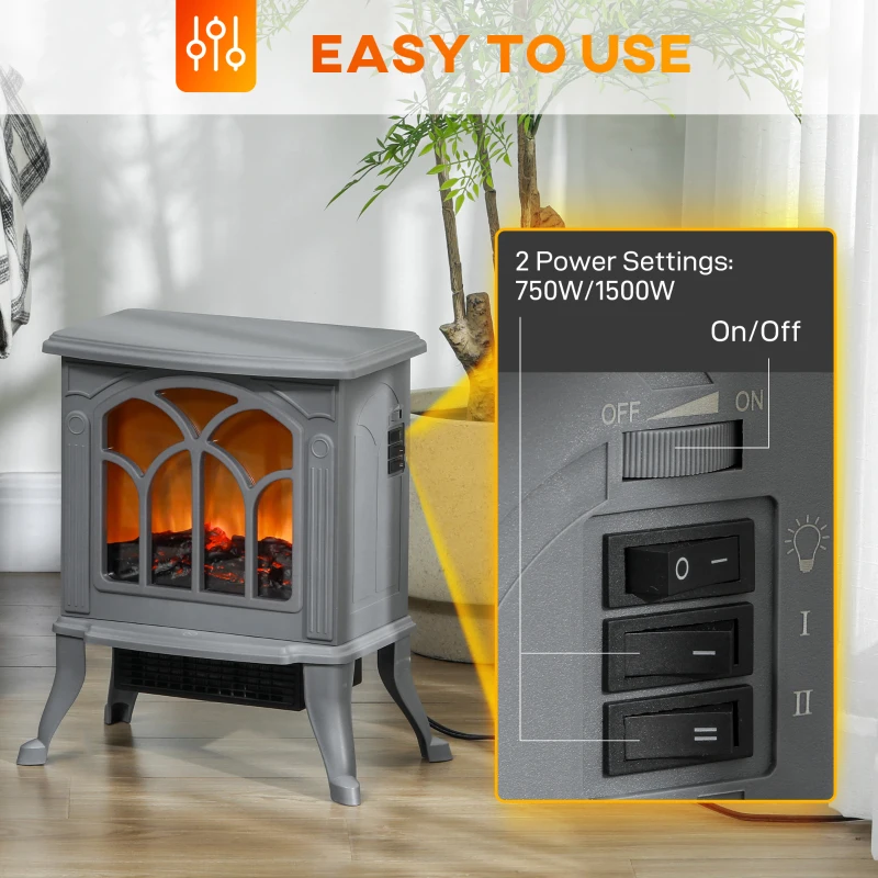 HOMCOM Electric Fireplace Heater, Freestanding Fireplace Stove with Realistic Logs and Flame Effect, 750W/1500W, Gray