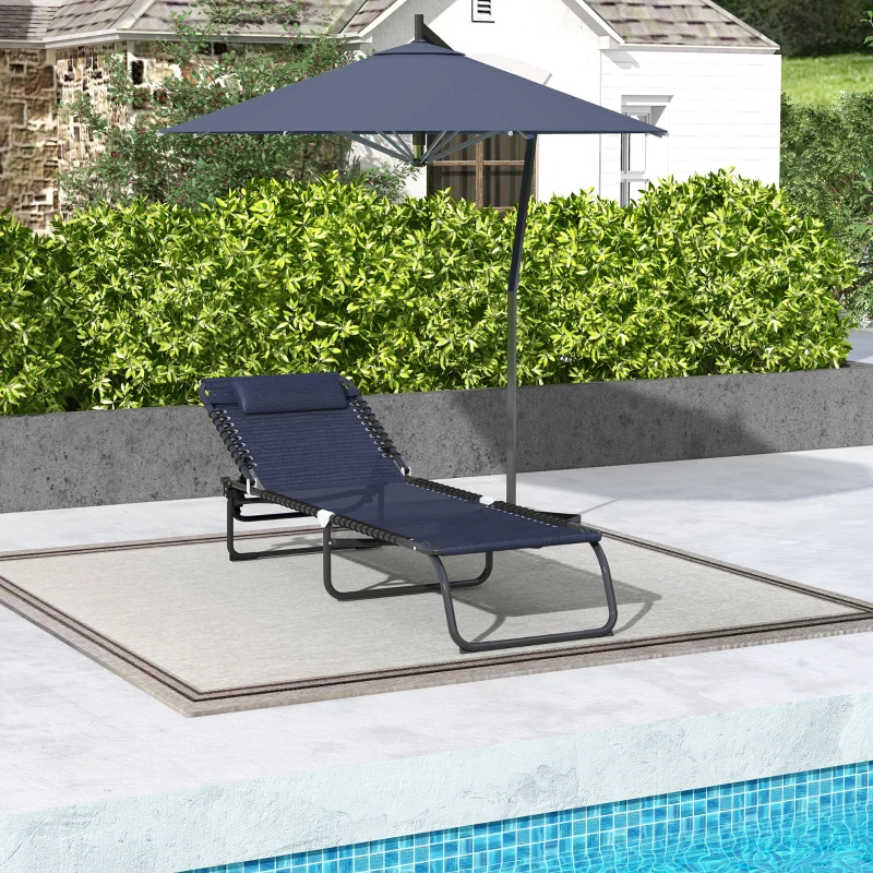 Outsunny Folding Lounge Chair, Adjustable Chaise Lounge with Headrest, Reclining Lounger Cot for Camping, Hiking, Dark Blue