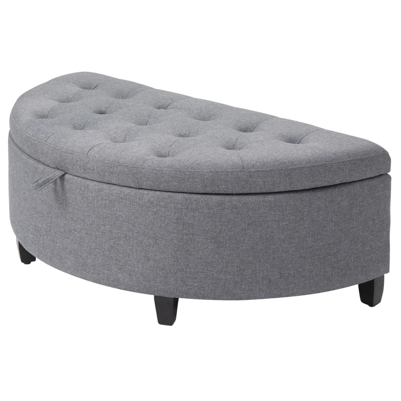 HOMCOM Half Moon Storage Ottoman, Upholstered Button Tufted Storage Bench with Lift Lid and Wood Legs, for Living Room, Entryway, Gray