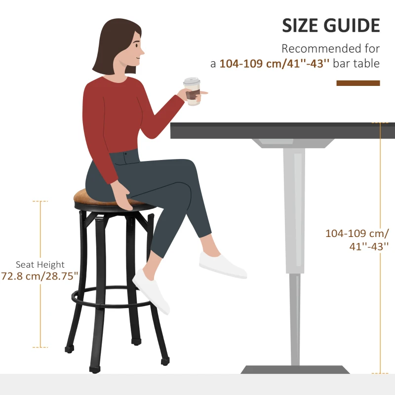 HOMCOM Bar Stools Set of 2, Vintage Swivel Barstools with Footrest, Microfiber Cloth Bar Chairs with Powder-coated Steel Legs for Kitchen and Dining Room, Brown