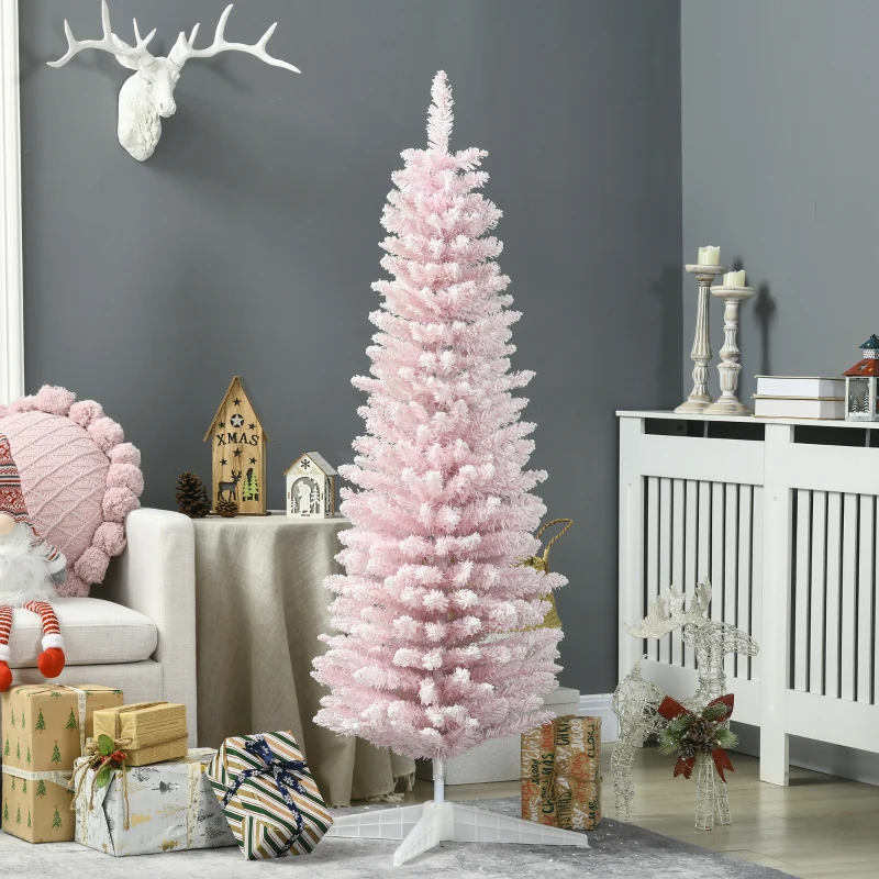 HOMCOM 5' Decorated Christmas Tree Snow Flocked Artificial Christmas Tree with Pencil Shape, Realistic Branches, Pink