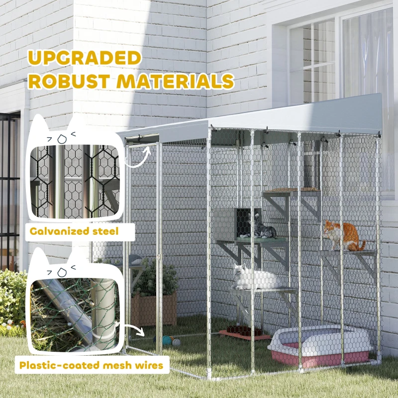 PawHut 79" Galvanized Steel Large Catio with Waterproof Canopy, Sleeping Box, Jumping Platforms, for 1-3 Kittens, Silver(m-8)