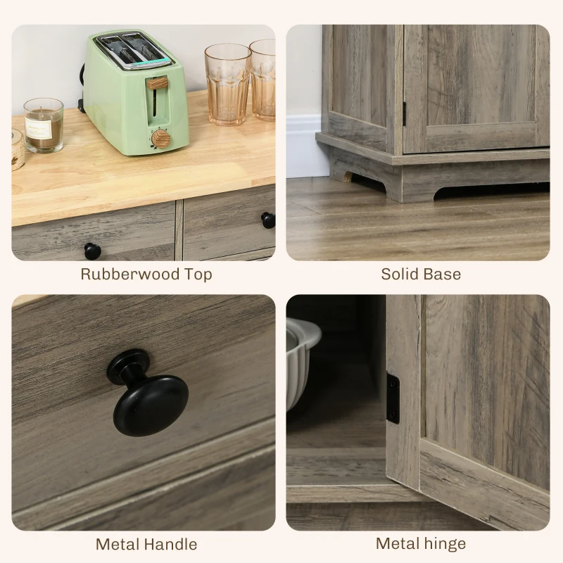 HOMCOM Kitchen Storage Cabinet, Sideboard Floor Cupboard with Solid Wood Top, Adjustable Shelf, and 3 Drawers, Distressed Gray
