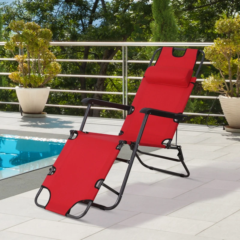 Outsunny Folding Chaise Lounge Chair, Outdoor Portable 2-Level Adjustable Recliner Zero Gravity Chair with Headrest Pillow, Armrests with Storage Mesh Pocket, Red