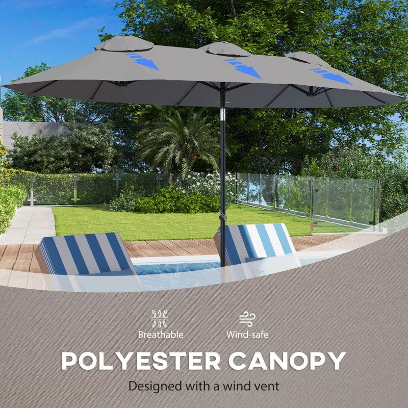 Outsunny Double Sided Patio Umbrella, 9.5' Large Outdoor Market Umbrella with Push Button Tilt and Crank, 3 Air Vents and 12 Ribs, for Garden, Deck, Pool, Gray(m-7)