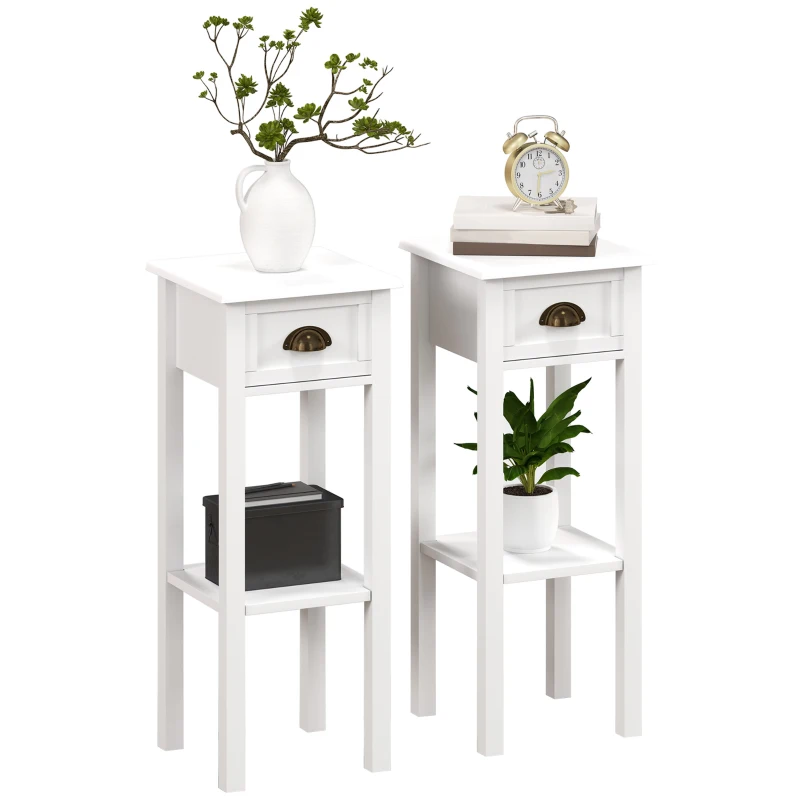 HOMCOM 2-Tier Side Tables Set of 2 with Drawer and Shelf, 2 Pieces End Tables for Living Room and Hallway, White