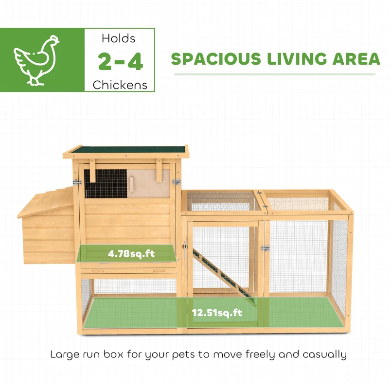 PawHut 75" Wooden Chicken Coop with Nesting Box, Removable Tray, Ramp Run, for Garden Backyard, Natural Wood