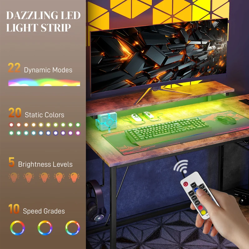 HOMCOM Reversible L Shaped Desk with Lights, Power Outlet, USB Ports, Corner Desk with Storage for Home Office, Brown